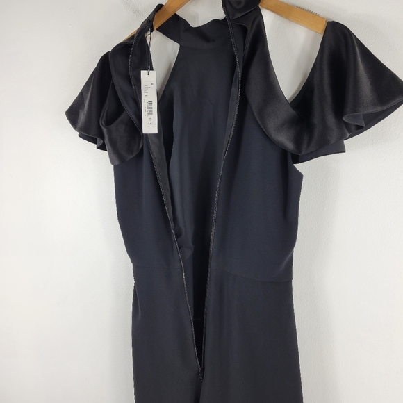 New Alice + Olivia Rosaline High Neck Satin Ruffle Cold Shoulder Pleated Romper - Picture 8 of 14